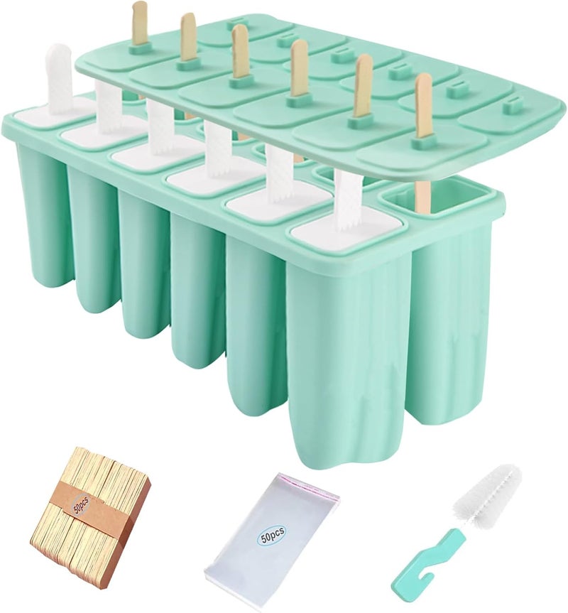 Wpunwen Silicone Popsicle Molds with Sticks 12 cavity Ice Popsicle MoldsIce Cream Mold with Clean Brush 12 Reusable Sticks 50 Sticks 50 Bags Green - Image 1